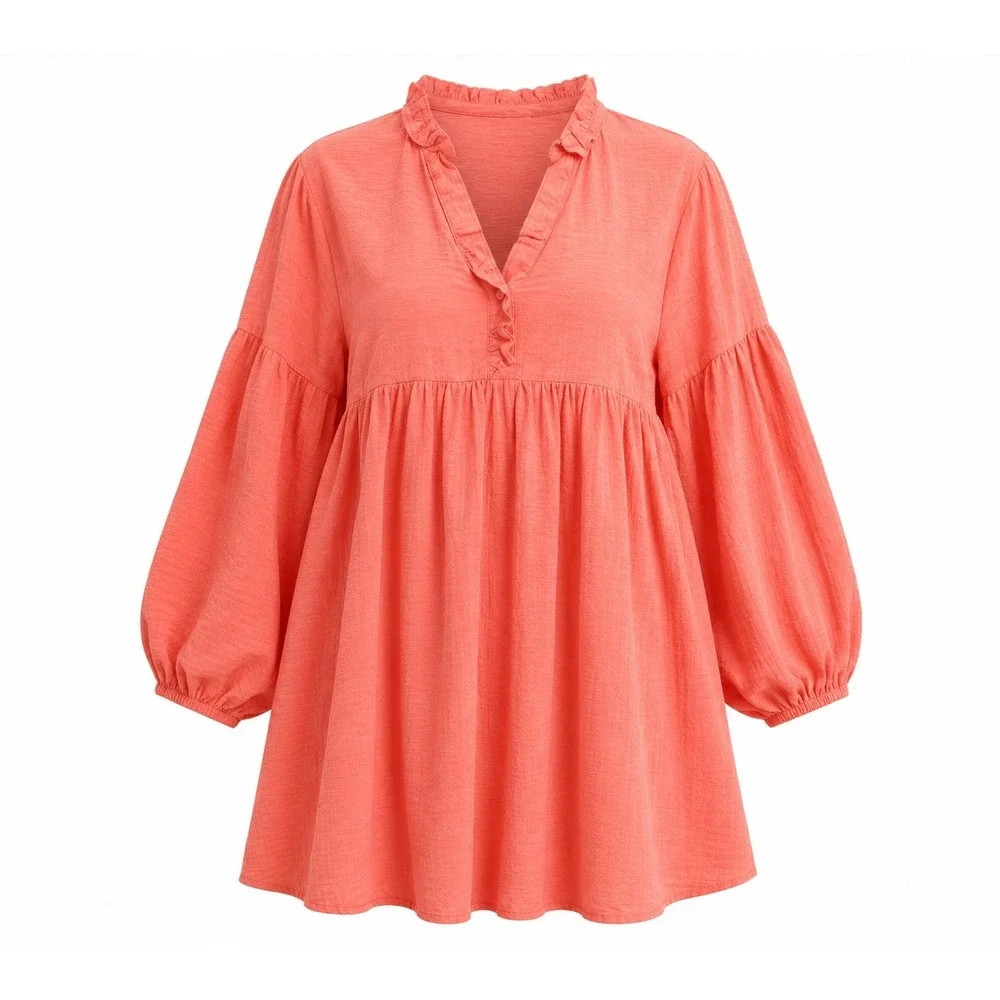 Michelle McDowell Tunic Dress Size L Coral Ruffle Neck Balloon Sleeve Girly Boho